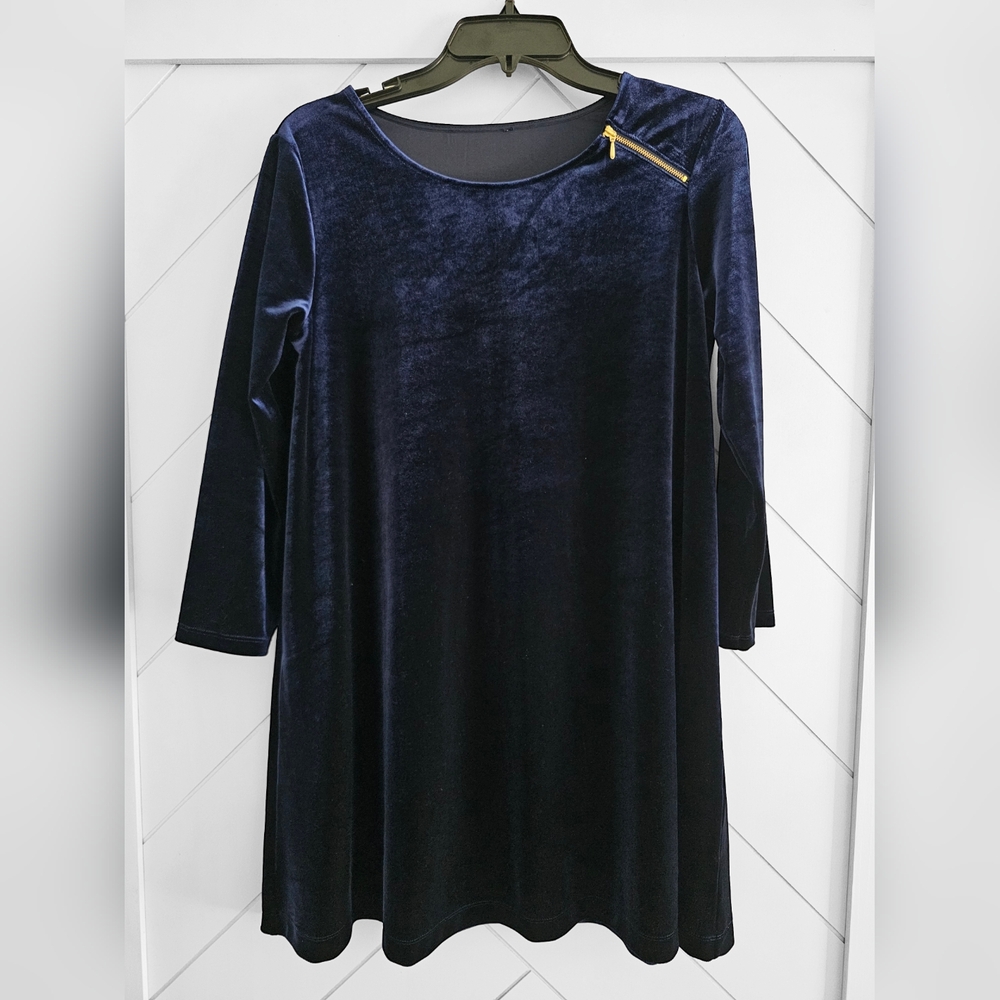 047. Joan Vass ¾ Sleeve Velour Tunic Deep Blue